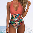 Women's Tropical Print One Piece – Halter Deep V Wrap Crossover Push Up Swimsuit