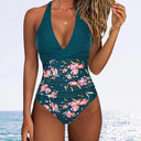 Women's Tropical Print One Piece – Halter Deep V Wrap Crossover Push Up Swimsuit