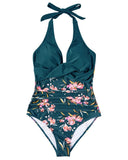 Women's Tropical Print One Piece – Halter Deep V Wrap Crossover Push Up Swimsuit