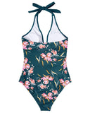Women's Tropical Print One Piece – Halter Deep V Wrap Crossover Push Up Swimsuit