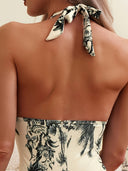 Women's Tropical Print One Piece Swimsuit – Deep V Neck Halter Ruched Monokini