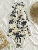 Women's Tropical Print One Piece Swimsuit – Deep V Neck Halter Ruched Monokini
