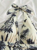 Women's Tropical Print One Piece Swimsuit – Deep V Neck Halter Ruched Monokini
