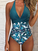 Women's Tropical Print One Piece Swimsuit – Halter V Neck Ruched Colorblock