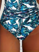 Women's Tropical Print One Piece Swimsuit – Halter V Neck Ruched Colorblock