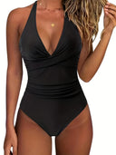 Women's Tropical Print One Piece Swimsuit – Halter V Neck Ruched Colorblock