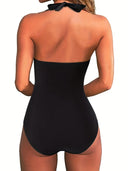 Women's Tropical Print One Piece Swimsuit – Halter V Neck Ruched Colorblock