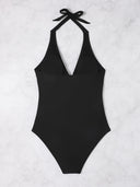 Women's Tropical Print One Piece Swimsuit – Halter V Neck Ruched Colorblock