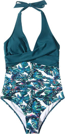Women's Tropical Print One Piece Swimsuit – Halter V Neck Ruched Colorblock