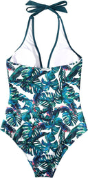 Women's Tropical Print One Piece Swimsuit – Halter V Neck Ruched Colorblock