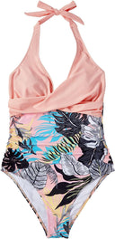 Women's Tropical Print One Piece Swimsuit – Halter V Neck Ruched Colorblock