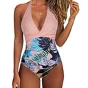 Women's Tropical Print One Piece Swimsuit – Halter V Neck Ruched Colorblock