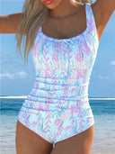 Women's Tropical Print One Piece Swimsuit – Scoop Neck Ruched Tie Front Swimwear
