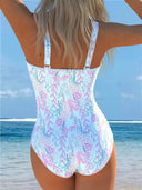 Women's Tropical Print One Piece Swimsuit – Scoop Neck Ruched Tie Front Swimwear