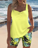Women's Tropical Print Tankini Set – Twist Front Tank Top Bike Short Swimwear