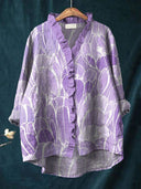Women's Tulip Floral Print Blouse – Ruffle V Neck Long Sleeve Casual Everyday Button Top