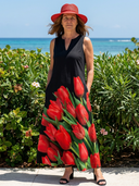 Women's Tulip Print Maxi – V Neck Sleeveless Contrast Bodice Placement Beach Summer Dress