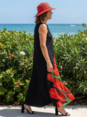 Women's Tulip Print Maxi – V Neck Sleeveless Contrast Bodice Placement Beach Summer Dress