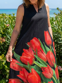 Women's Tulip Print Maxi – V Neck Sleeveless Contrast Bodice Placement Beach Summer Dress