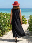 Women's Tulip Print Maxi – V Neck Sleeveless Contrast Bodice Placement Beach Summer Dress