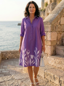 Women's Tulip Print Shirt Dress – Collared Roll Sleeve Button Front Knee Length Midi
