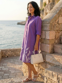 Women's Tulip Print Shirt Dress – Collared Roll Sleeve Button Front Knee Length Midi