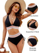 Women's Two Piece Bikini Set – Halter V Neck Chevron Trim High Waist Ruched