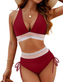 Women's Two Piece Bikini Set – Halter V Neck Chevron Trim High Waist Ruched