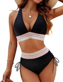 Women's Two Piece Bikini Set – Halter V Neck Chevron Trim High Waist Ruched