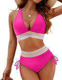 Women's Two Piece Bikini Set – Halter V Neck Chevron Trim High Waist Ruched