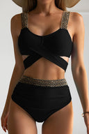 Women's Two Piece Bikini Set – High Waist Crossover Cutout Gold Chain Strap