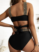 Women's Two Piece Bikini Set – High Waist Crossover Cutout Gold Chain Strap