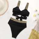 Women's Two Piece Bikini Set – High Waist Crossover Cutout Gold Chain Strap