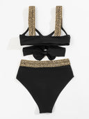 Women's Two Piece Bikini Set – High Waist Crossover Cutout Gold Chain Strap