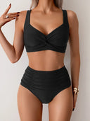 Women's Two Piece Bikini Set – Twist Knot Crop Top High Waist Ruched Bottoms