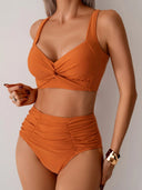 Women's Two Piece Bikini Set – Twist Knot Crop Top High Waist Ruched Bottoms