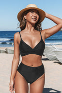 Women's Two Piece Bikini Set – V Neck Twist Front Crop Top High Waist Bottoms