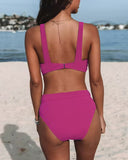 Women's Two Piece Bikini Set – V Neck Wrap Crop Top Solid High Waist Bottoms