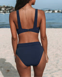 Women's Two Piece Bikini Set – V Neck Wrap Crop Top Solid High Waist Bottoms