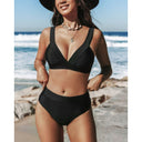 Women's Two Piece Bikini Set – V Neck Wrap Crop Top Solid High Waist Bottoms