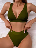 Women's Two Piece Bikini Set – V Neck Wrap Crop Top Solid High Waist Bottoms