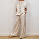 Women's Two Piece Set – Round Neck Oversized Top Drawstring Wide Leg Pants
