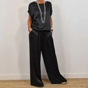 Women's Two Piece Set – Round Neck Oversized Top Drawstring Wide Leg Pants