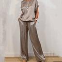 Women's Two Piece Set – Round Neck Oversized Top Drawstring Wide Leg Pants