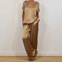 Women's Two Piece Set – Round Neck Oversized Top Drawstring Wide Leg Pants