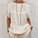 Women's Two Piece Set – Round Neck Oversized Top Drawstring Wide Leg Pants
