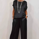 Women's Two Piece Set – Round Neck Oversized Top Drawstring Wide Leg Pants