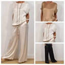Women's Two Piece Set – Round Neck Oversized Top Drawstring Wide Leg Pants