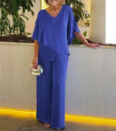 Women's Two Piece Set – V Neck Layered Top Wide Leg Pants Wedding Guest