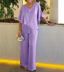 Women's Two Piece Set – V Neck Layered Top Wide Leg Pants Wedding Guest